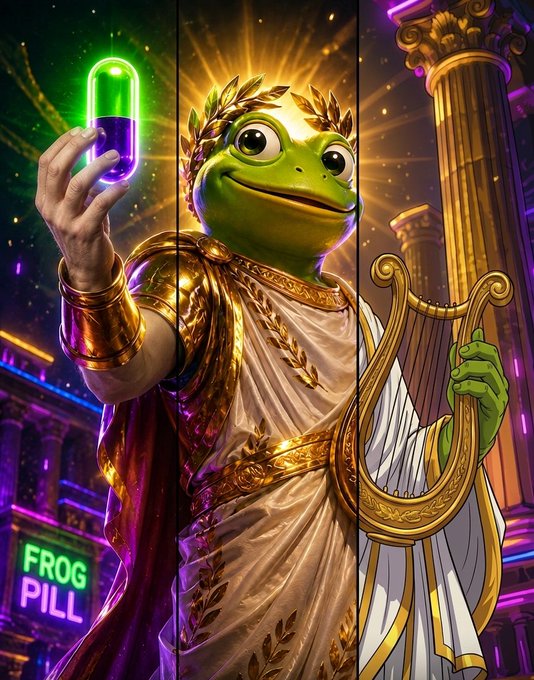 A stylized digital artwork of Pepe the Frog depicted as a Roman deity in golden armor and robes, holding a green glowing capsule pill and a golden lyre with "FROG PILL" neon text in the background.