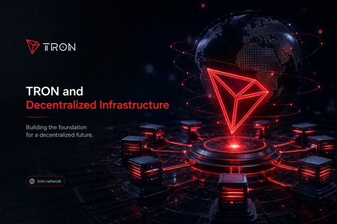 A promotional graphic for 'TRON and Decentralized Infrastructure' featuring the red TRON logo over a digital globe with network nodes.