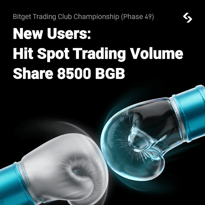 A bold Bitget Trading Club Championship (Phase 49) promotional graphic features two metallic boxing gloves—silver and blue—clashing against a black background, with text announcing that new users can compete for a share of 8,500 BGB based on spot trading volume. The intense boxing imagery visually reinforces the competitive "championship" theme, symbolizing how new traders must fight to top the BTC, DOGE, or BGB pair volume charts to claim their airdrop rewards.