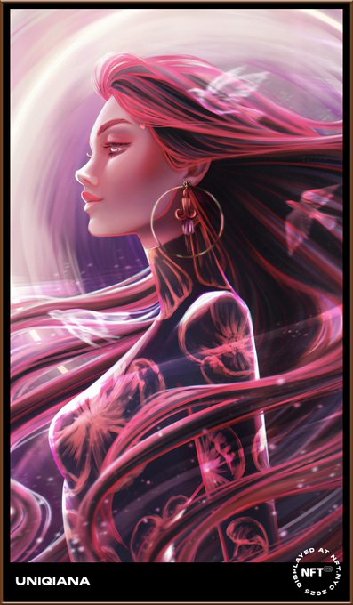 A stylized digital portrait of a woman with flowing pink hair adorned with butterflies, set against a swirling pink and purple cosmic background. The image is branded with "UNIQIANA" at the bottom and an "NFT TIMES SQUARE 2023" badge, highlighting the artist's featured work in the Times Square NFT Challenge.