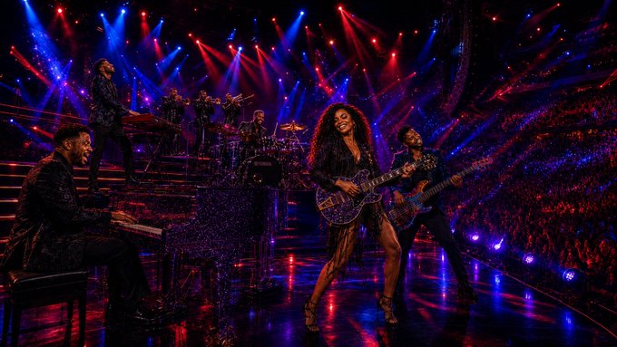 A dynamic concert scene featuring a female lead guitarist performing on stage with a full band, illuminated by dramatic red and blue stage lights in front of a large audience.