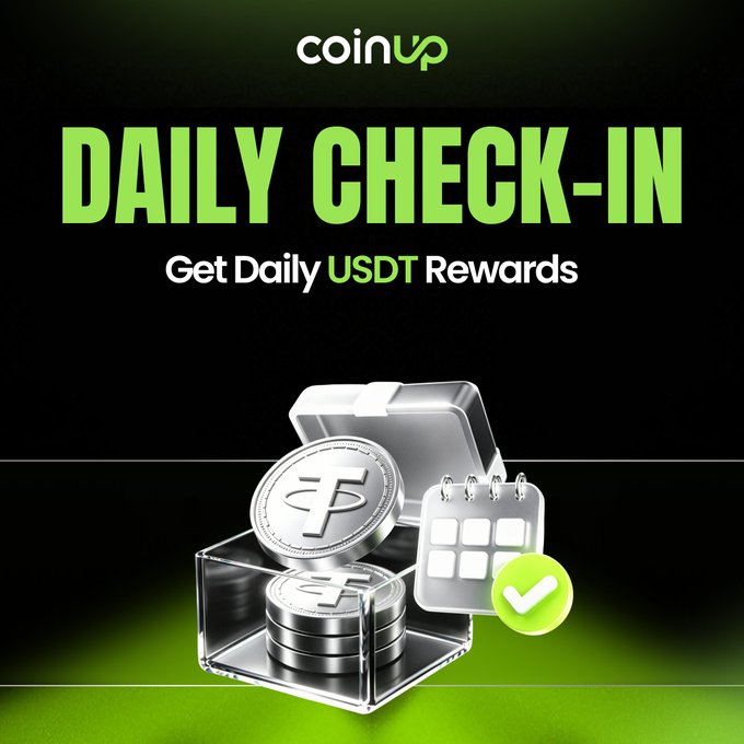 A CoinUp promotional graphic advertises 'DAILY CHECK-IN - Get Daily USDT Rewards' featuring 3D rendered coins, a box, and a calendar icon with a green checkmark.