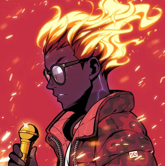 An anime-style illustration of a person with flaming hair, sunglasses, and a camo jacket holding a golden microphone against a red, fiery background.