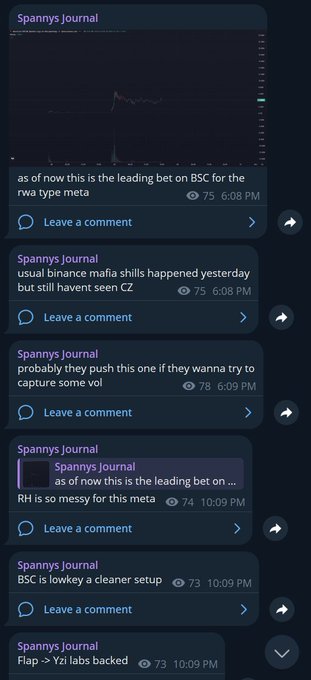 A series of Telegram messages from "Spannys Journal" discussing BSC, RWA, Binance, CZ, RH, and a Flap -> Yzi labs back, with view counts around 73-78.