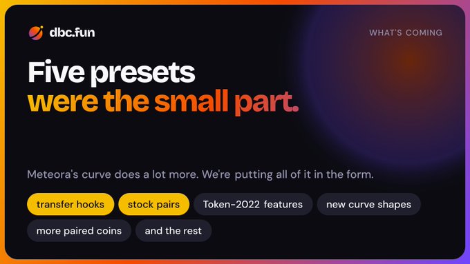 A promotional graphic for 'dbc.fun' with the headline 'Five presets were the small part,' listing upcoming features like 'transfer hooks,' 'stock pairs,' and 'new curve shapes' for their Meteor curve.