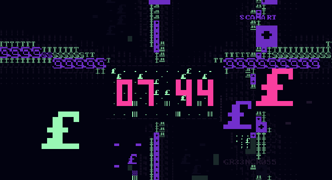 A pixel art landscape with the text '07 44' in pink blocks, surrounded by green trees, purple structures, and the word 'START' at the top.