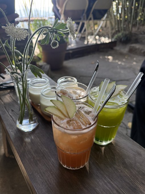A row of colorful cocktails with fruit garnishes sits on a wooden table next to a small vase of wildflowers at an outdoor bar.