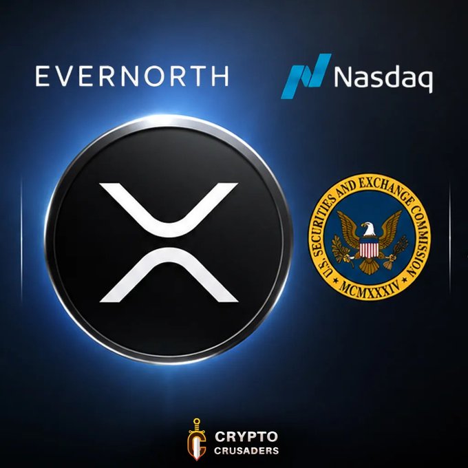A promotional graphic for Evernorth's Nasdaq listing featuring the company's X logo alongside the Nasdaq logo and the U.S. Securities and Exchange Commission seal, with 'Crypto Crusaders' branding at the bottom.