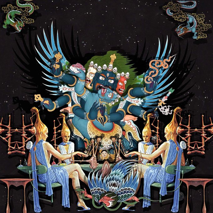 An intricate, dark-toned illustration featuring a central blue multi-armed deity figure surrounded by seated golden figures and otherworldly elements.