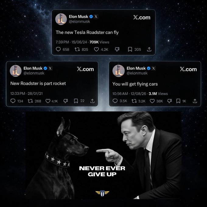 A meme-style collage showing three Elon Musk X/Twitter posts claiming 'The new Tesla Roadster can fly', 'New Roadster is part rocket', and 'You will get flying cars', paired with a photo of Musk pointing at a Doberman dog wearing a star-studded collar with the caption 'NEVER EVER GIVE UP'.