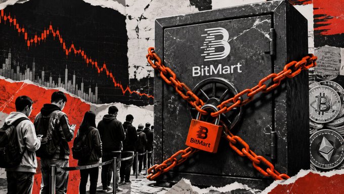 An AI-generated graphic depicting the BitMart crypto exchange, with people standing in line before a massive vault door chained shut, and a red down-trending stock chart on the left.