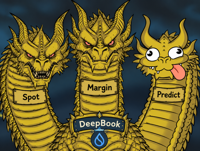 A cartoon illustration of three golden dragon heads labeled 'Spot', 'Margin', and 'Predict', with a 'DeepBook' banner below them.