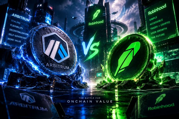 A promotional graphic comparing Arbitrum and Robinhood in 'The Battle for Onchain Value,' highlighting Arbitrum's features (scaling, flexibility, decentralization, self-sovereignty) versus Robinhood's (simple, accessible, tradfi + crypto, user growth, the future).