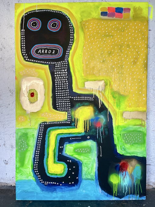 A colorful abstract painting featuring a black figure with 'ARROZ' written in its mouth, surrounded by yellow, green, and blue hues with repeated 'HA' text patterns.