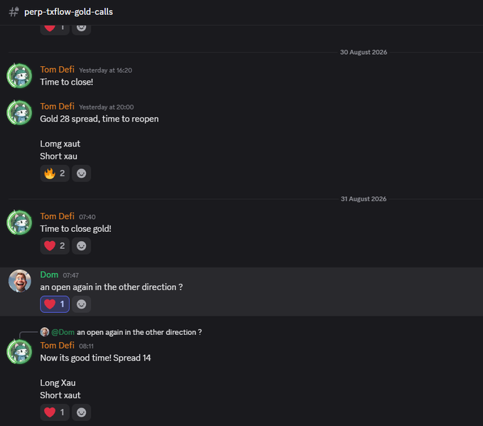 A Discord channel titled "# perp-txflow-gold-calls" showing trading signals from Tom Defi, including entries like "Time to close gold!," "Gold 28 spread, time to reopen," and "Now its good time! Spread 14" with instructions to Long XAU/Short xaut, illustrating the entry and exit points for the strategy mentioned in the post.