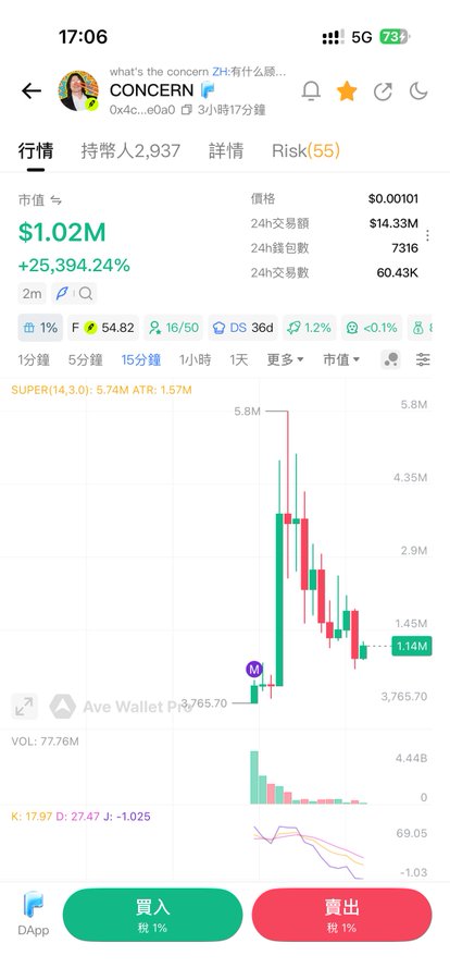 A mobile trading interface showing the 'CONCERN' token with a market cap of $1.02M (+25,394.24%), displaying a price chart and buy/sell buttons in Chinese (買入/賣出).