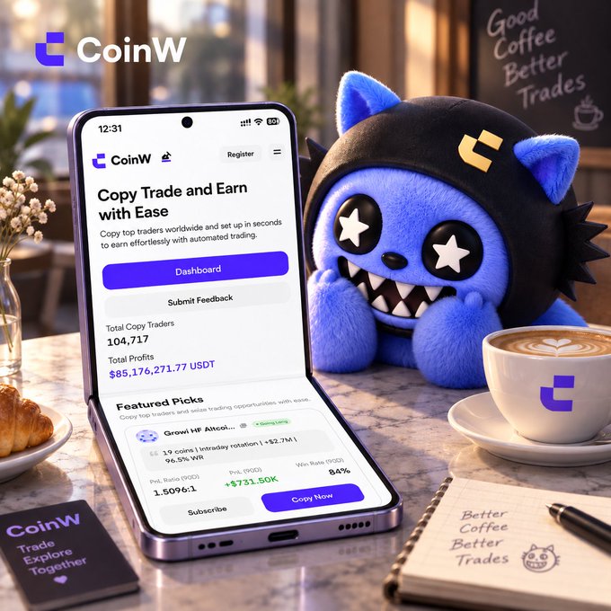 A promotional image for CoinW's "Copy Trade and Earn with Ease" platform, featuring a smartphone displaying the app interface with 104,717 total copy traders, $85,176,271.77 USDT total profits, and a featured trader showing +96.5% YTD and +$751.50K profit, alongside a blue cartoon mascot and a coffee cup with the tagline "Good Coffee Better Trades."
