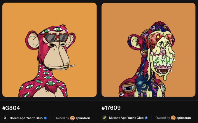Two Bored Ape Yacht Club NFTs are displayed on orange backgrounds: #3804 'Bored Ape Yacht Club' owned by spinotron featuring a pink ape with heart sunglasses and a cigarette, and #17609 'Mutant Ape Yacht Club' owned by spinotron depicting a grotesque green-mouthed mutant ape.