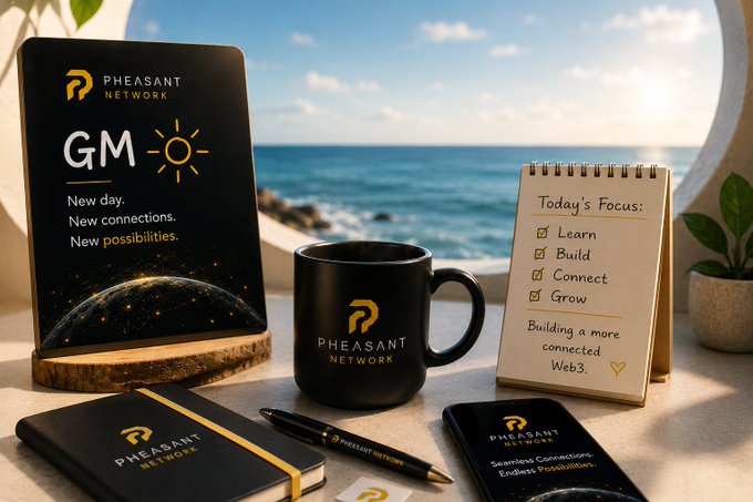 A promotional display for 'PHEASANT NETWORK' showing branded merchandise including a tablet displaying 'GM', a mug, notebook, pen, and notepad with 'Today's Focus: Learn, Build, Connect, Grow' arranged by an ocean view.