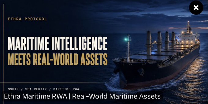 A promotional graphic for 'ETHRA PROTOCOL' advertising 'MARITIME INTELLIGENCE MEETS REAL-WORLD ASSETS' with a caption reading 'Ethra Maritime RWA | Real-World Maritime Assets,' featuring a cargo ship at sea.