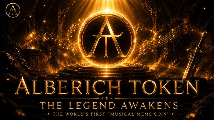 A promotional banner for the 'ALBERICH TOKEN' features a large golden 'A' emblem and text declaring it 'THE LEGEND AWAKENS' and 'THE WORLD'S FIRST "MUSICAL MEME COIN"'.