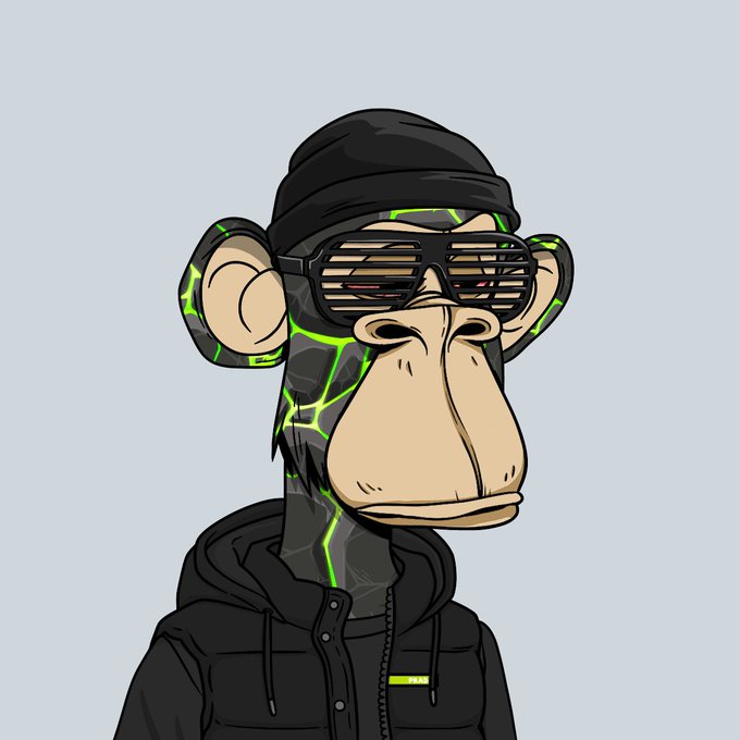 A digital illustration of a stylized monkey wearing shutter shades, a black beanie, a hoodie, and neon green patterned fur.