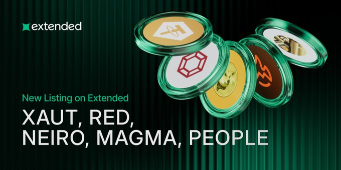 A promotional graphic from Extended announcing new crypto listings, featuring the "Extended" logo and floating coin tokens alongside the text "New Listing on Extended: XAUT, RED, NEIRO, MAGMA, PEOPLE," which highlights the same five tokens mentioned in the post—Tether Gold (XAUt), RedStone (RED), Neiro (kNEIRO), Magma Finance (MAGMA), and ConstitutionDAO (PEOPLE)—now available for trading with leverage.