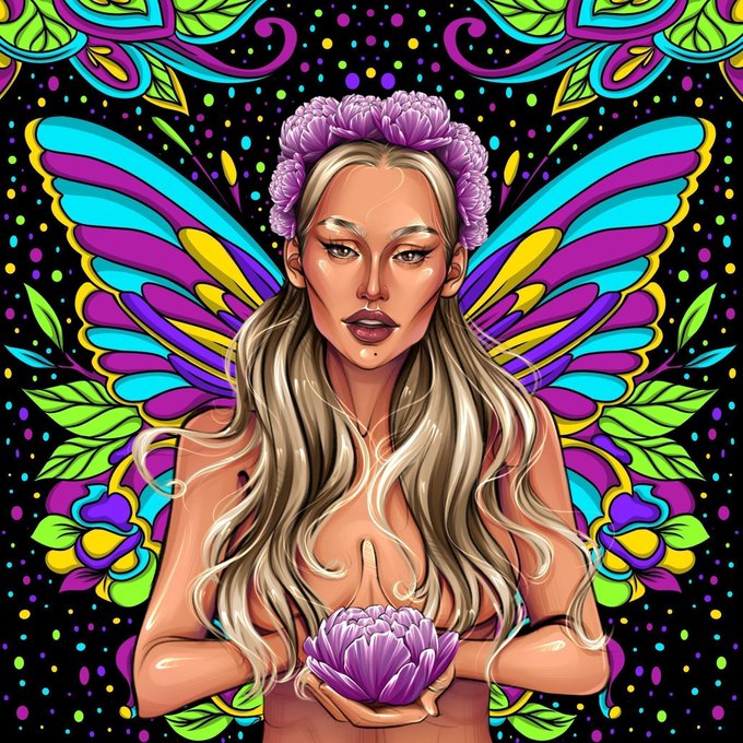 A colorful, psychedelic digital illustration depicts a woman with long blonde hair and a flower crown, holding a purple lotus flower, framed by elaborate butterfly wings and floral patterns against a black background with colorful dots.