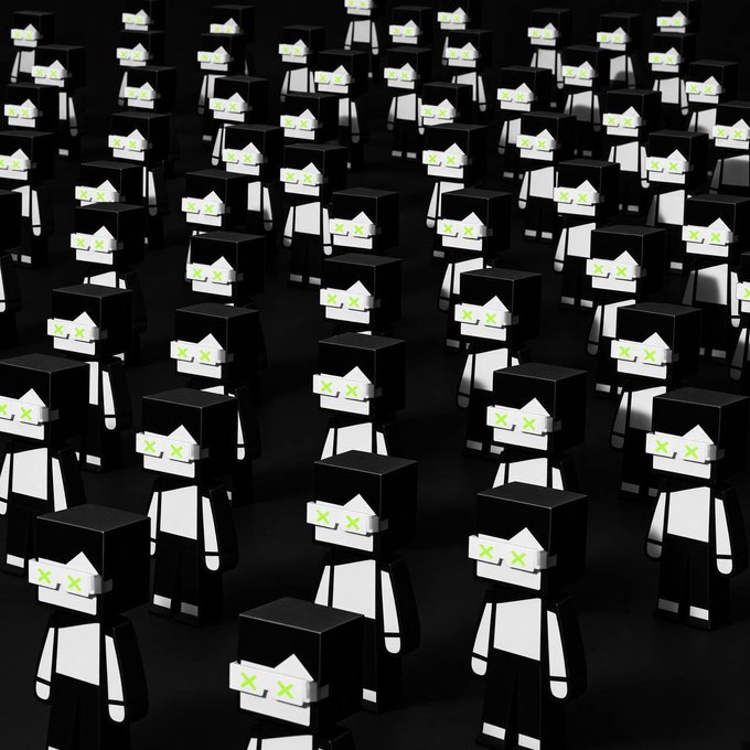 A vast grid of identical blocky, box-headed figures with green "X" marks for eyes stands in formation against a dark background, visually echoing the "X" motif central to the X Layer and OKB branding referenced in the post. The endless repetition of figures reinforces the caption's theme of "Infinite by design."
