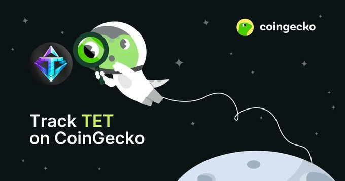 A dark promotional graphic featuring an astronaut holding a magnifying glass examining a diamond-shaped TET token, with text "Track TET on CoinGecko" and the CoinGecko logo.