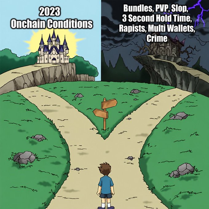 The image depicts a "two paths" meme where a character stands at a crossroads facing two castles—one bright and labeled "2023 Onchain Conditions," and one dark and ominous labeled "Bundles, PVP, Slop, 3 Second Hold Time, Rapists, Multi Wallets, Crime." 

It humorously contrasts the clean, bull-market crypto environment of 2023 with the current chaotic, predatory landscape dominated by meme coin sniping, rug pulls, and scammer activity. The caption "We're a few $300M runners away from extremely favorable onchain conditions" suggests that a few successful large-cap runs could shift the market back toward the more saner, favorable bull market conditions of 2023.