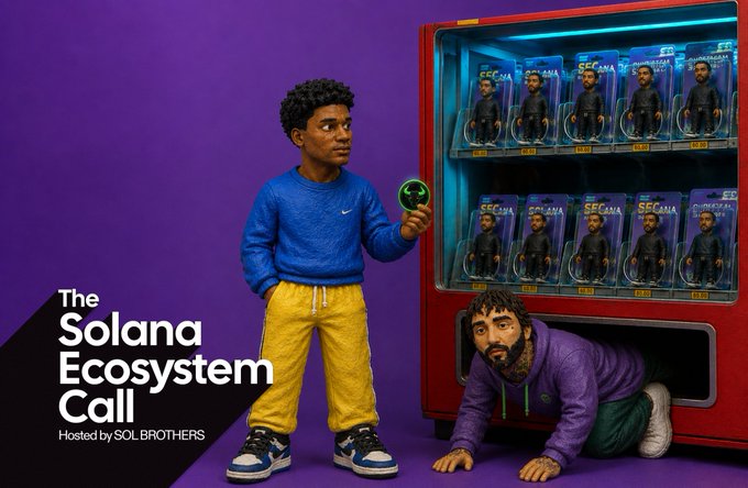A claymation-style promotional image for 'The Solana Ecosystem Call' hosted by SOL BROTHERS, showing a boy in a blue shirt holding a coin next to a vending machine filled with figurines, with a bearded man crawling out from the bottom.