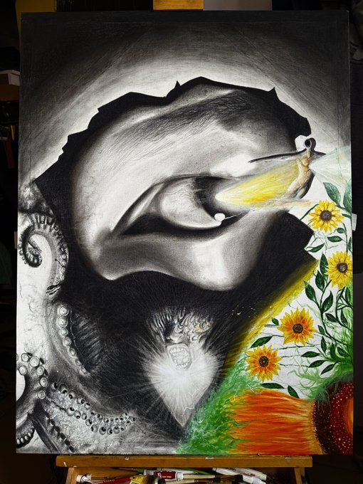 A surreal charcoal and color drawing featuring a large disembodied eye and lips alongside octopus tentacles, a cat's face, sunflowers, and a small figure in yellow.