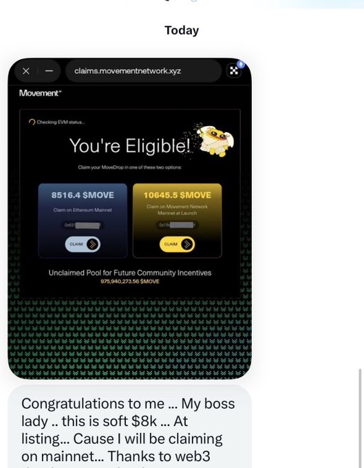 A screenshot showing a Movement Network airdrop claim eligibility notification offering 8516.4 $MOVE or 10645.5 $MOVE tokens, with a caption celebrating the $8k potential value.