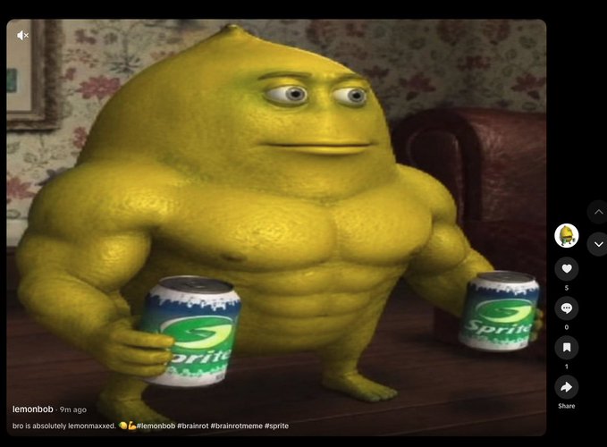 A muscular lemon-headed character holds two cans of Sprite, posted by user "lemonbob" with hashtags #lemonbob, #brainrot, and #sprite, humorously tied to the viral TikTok meme and the $lemonbob token reference in the post.