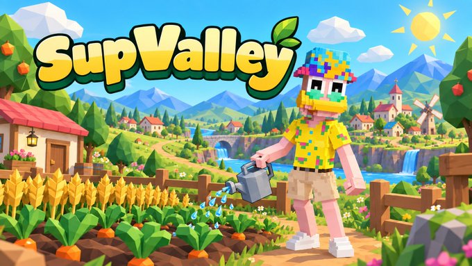 A vibrant cartoon-style game thumbnail titled 'SupValley' featuring a blocky character watering crops in a colorful farming village with mountains, a windmill, and a sunny sky.