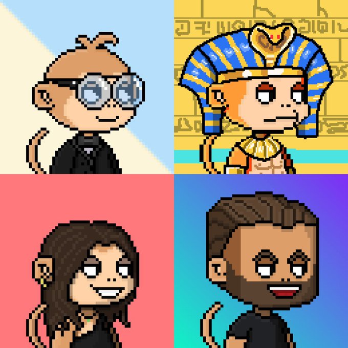 A pixel art collage of four cartoon characters: a monkey with glasses, an Egyptian pharaoh, a brown-haired person, and a bearded man.