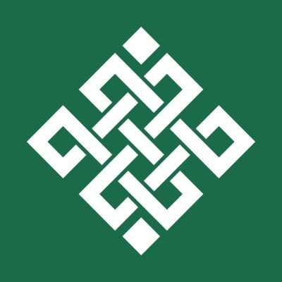 A white geometric Celtic-style knot design on a solid green background, featuring an intricate interwoven pattern.