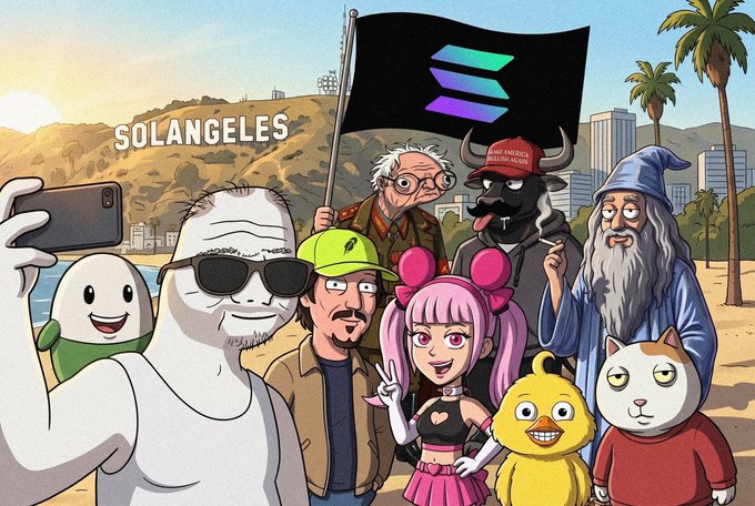 A group of cartoon characters, including a giant white figure taking a selfie, a wizard, and crypto mascots, pose in front of the "SOLANGELES" sign under a flag bearing the Solana logo, perfectly capturing the post's playful vision of a sunny Solana summer in Los Angeles.