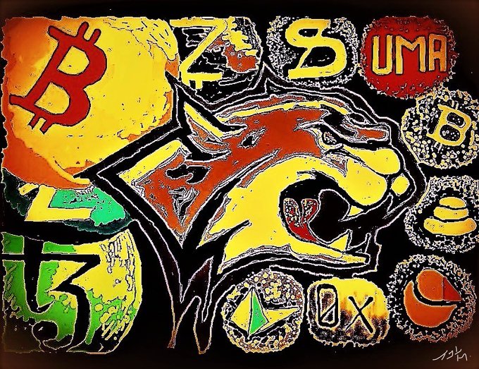 A colorful, stylized digital artwork featuring various cryptocurrency logos including Bitcoin (B), Zcash (Z), S, UMA, Binance Coin, Cardano, and others on a dark background.