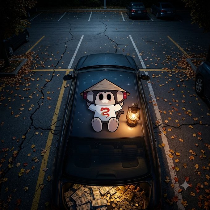 An overhead view of a dark car parked in a nighttime parking lot with autumn leaves scattered on the ground, featuring a cute cartoon character wearing a straw hat and holding a lantern on its roof, with the trunk open revealing stacks of cash and gold coins.