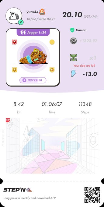 The image features a screenshot of an app with an orange background and pink border titled "StepN". It appears to be a fitness or health tracking app, as indicated by the accompanying post that says "#StepN" and the phrase "long paths identify red downloads".