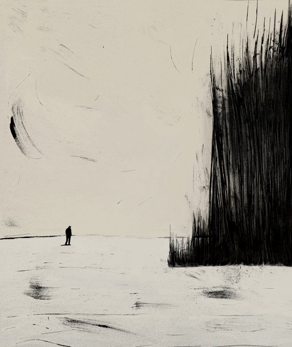 A black and white artistic illustration showing a lone figure standing in a snowy landscape next to a large, dark, brushstroke-like tree.