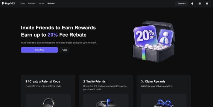 The image shows the PopDEX website's Referral page promoting "Invite Friends to Earn Rewards" with up to a 20% Fee Rebate, outlining a 3-step process: Create a Referral Code, Invite Friends, and Claim Rewards. This relates to the post about the closed beta heating up, as the referral program is likely a new feature being rolled out to attract traders as invites begin to be distributed.