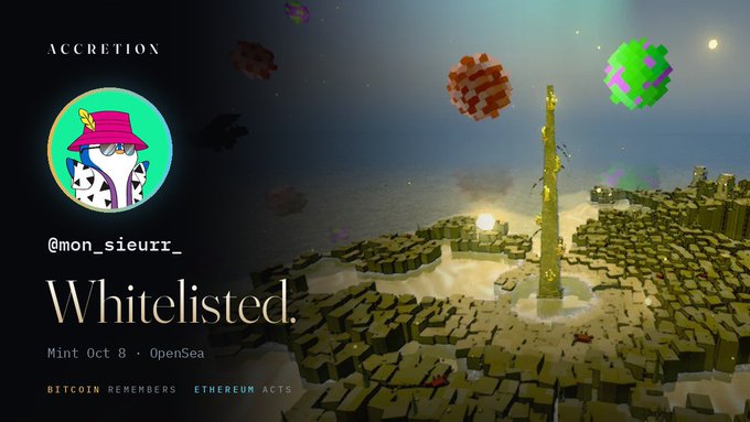 A promotional image for an NFT project called 'ACCRETION' featuring a penguin avatar for '@mon_sieurr_', announcing 'Whitelisted. Mint Oct 8 · OpenSea' over a 3D voxel-style landscape.