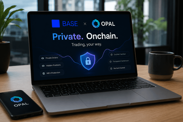 The image shows a laptop computer with an overlay of a trading platform, displaying the words "Base" and "Private. Onchain." The laptop screen also features a cell phone that has the word "OPAL" written on it. This suggests that the user might be interested in using private onchain trading services provided by Base.