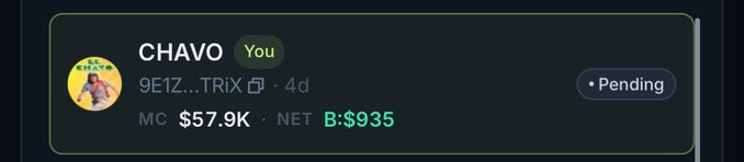 A dark-themed digital interface showing a user profile named 'CHAVO' with a 'You' badge, displaying a market cap of '$57.9K' and a pending trade with a net profit of 'B:$935'.