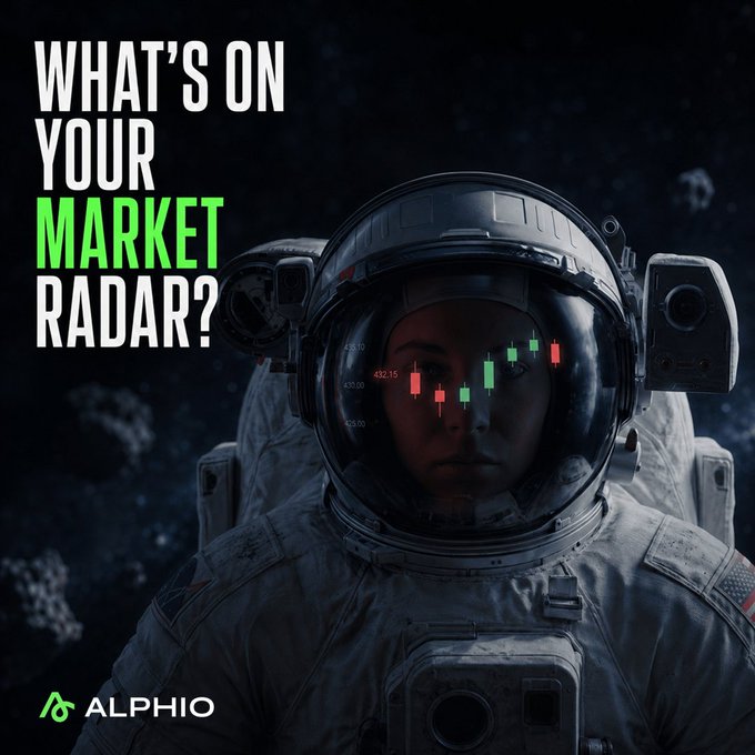 In the image, an astronaut's visor displays stock and cryptocurrency market data in the form of a candlestick chart, suggesting a futuristic approach to financial monitoring. The text "WHAT'S ON YOUR MARKET RADAR?" and the accompanying post elevate the image's theme, promoting proactive financial tracking with technology. The logo "ALPHIO" at the image's bottom hints at the brand or application that offers these advanced tracking services, emphasizing the fusion of space exploration with modern financial insights.