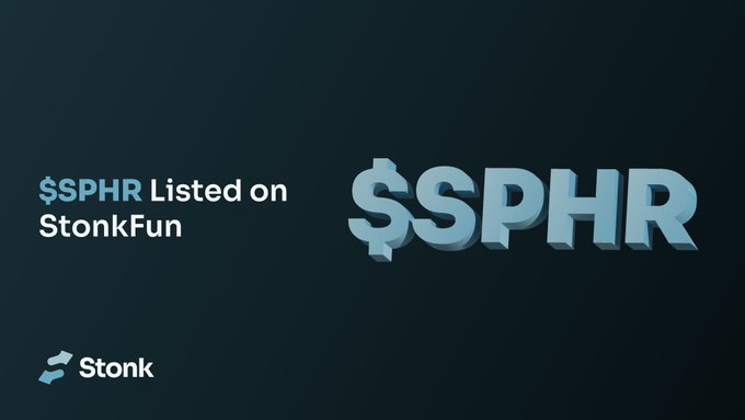 An image with a dark blue background displaying the text "$SPHR Listed on StonkFun" alongside a large 3D rendering of the "$SPHR" ticker, with the Stonk logo in the bottom-left corner. The graphic announces that users can now launch memecoins paired with $SPHR (tokenized Sphere Entertainment stock) on the StonkFun platform, as referenced in the post.