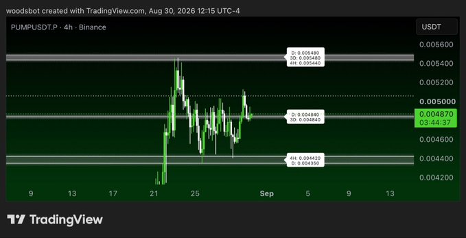 A TradingView 4-hour chart of PUMPUSDT on Binance shows the price hovering around $0.00487, with horizontal support/resistance levels marked at approximately $0.00548 (resistance) and $0.00437 (support), illustrating the early entry that the poster believes still has upside potential.